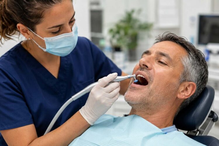 Dental hygienist performing teeth cleaning